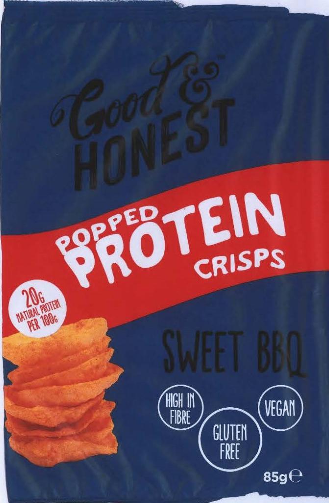 Plaatje van Good & Honest |  Popped Protein Crisps Sweet BBQ | Proteïne snack van soja en kikkererwten met zoete barbecue smaak - Popped Protein Crisps Sweet BBQ | Proteïne snack van soja en kikkererwten met zoete barbecue smaak